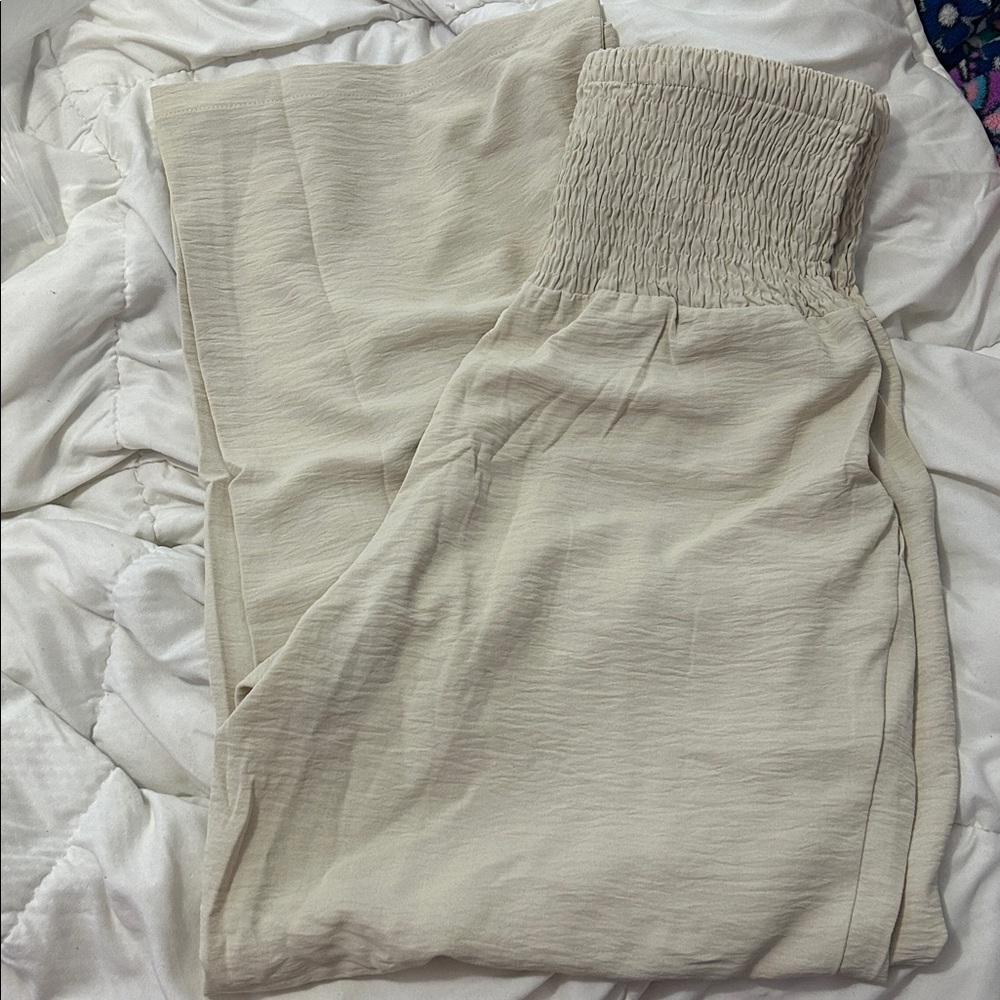 Cream Smocked Waist Pants